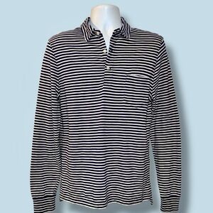 J.Crew Men’s Long Sleeve Slub Cotton Polo Shirt Navy White Striped – Size M